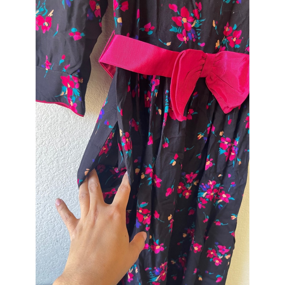 Lanz Originals Vintage Floral Midi Dress Black Fuchsia Bow Puff Sleeve Size 6 - Picture 4 of 8